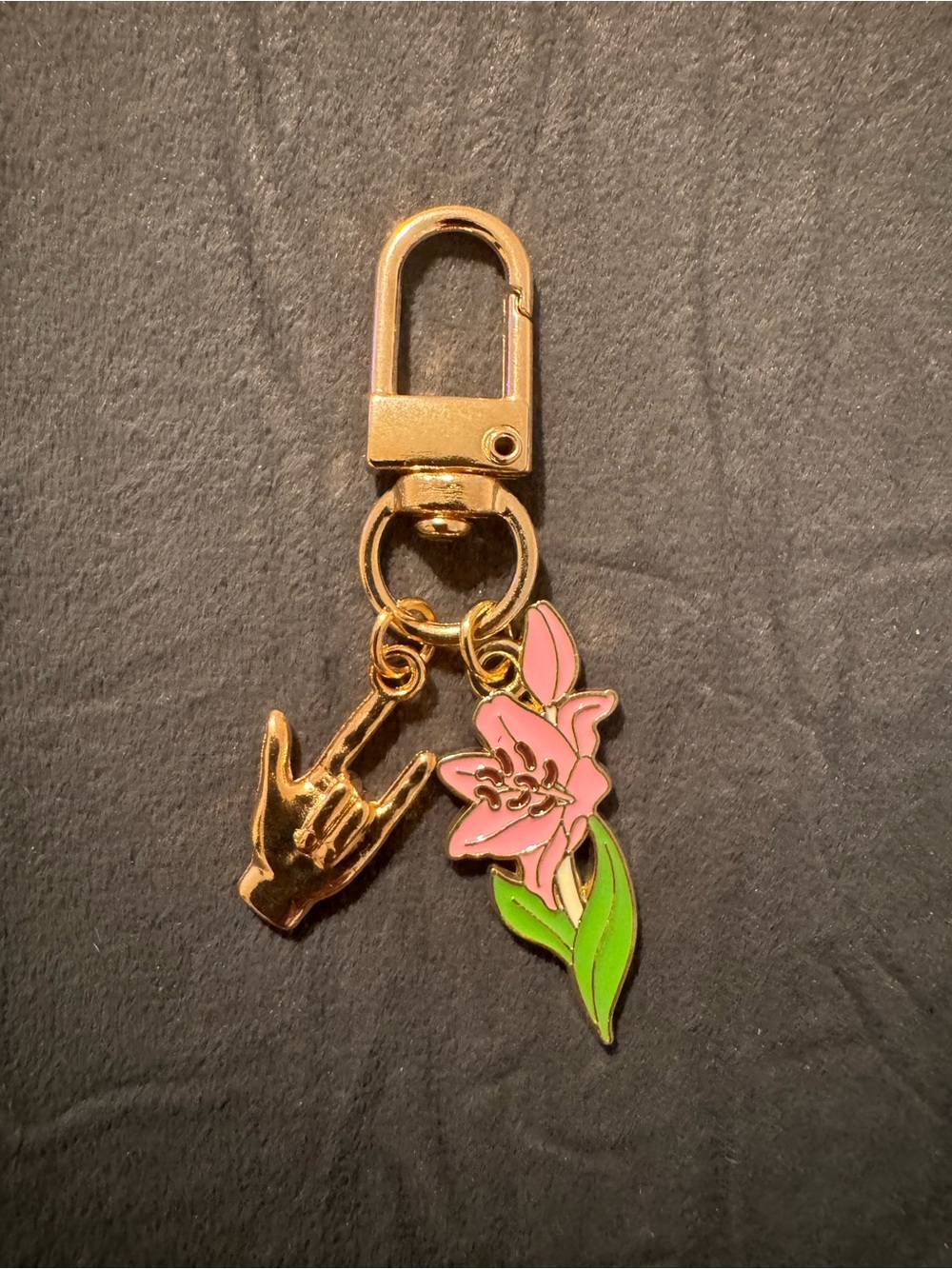 Gold Pink Flower & American Sign Language 🤟🏻 Charm Keychain
